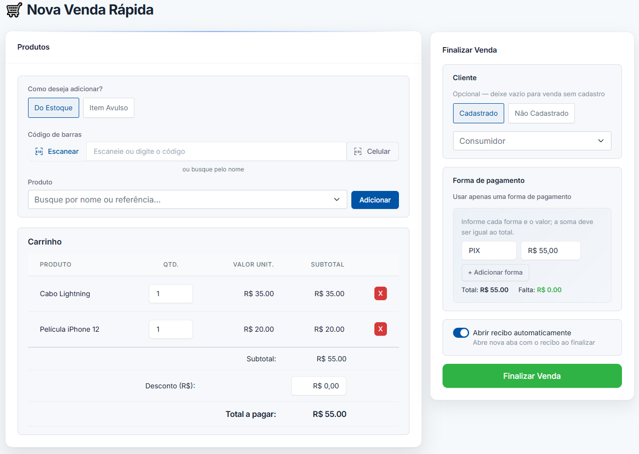 Tela de Nova Venda Rápida - Parceros